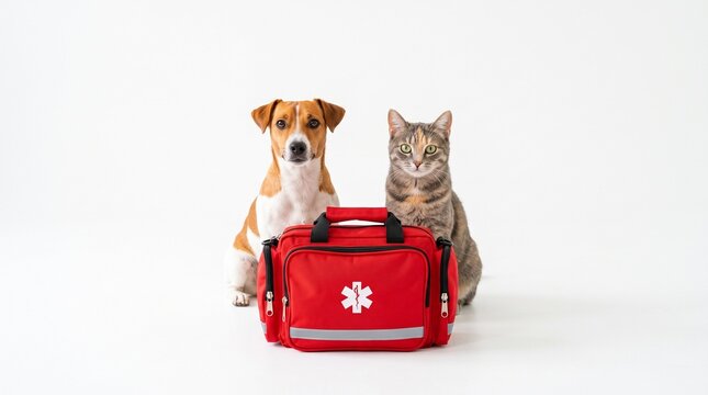 Pet first aid kit with dog and cat sitting on white background for veterinary emergency services healthcare insurance and animal medical safety concept