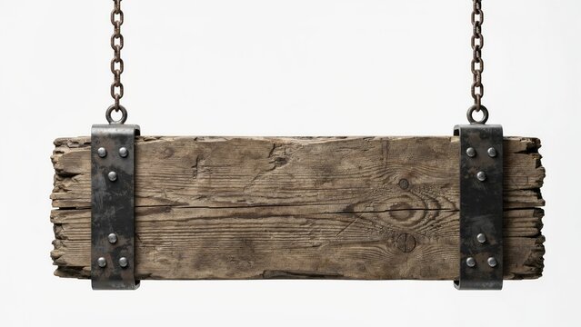 Rectangular wooden sign hanging from metal chains with iron brackets