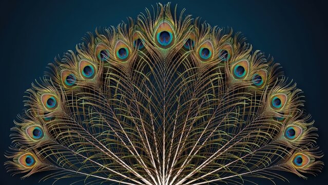 Peacock feather fan pattern with iridescent eyes on dark blue background