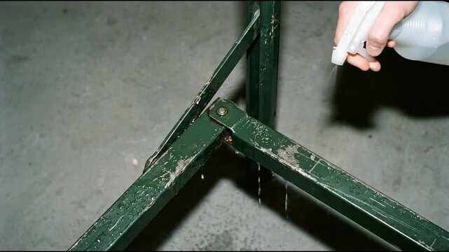 Plastic spray bottle coating the scratched green steel hinge joint of a folding bed frame with fine mist
