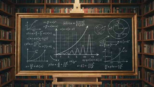 Dark chalkboard with mathematical equations and graphs in a library