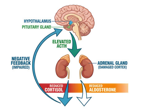 Addison Disease Pathophysiology Medical Infographic Showing Adrenal Insufficiency Reduced Cortisol Aldosterone and Elevated ACTH Diagram