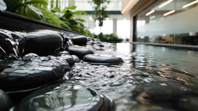 Water Fountain with Black Pebbles Flowing in Modern Office Garden