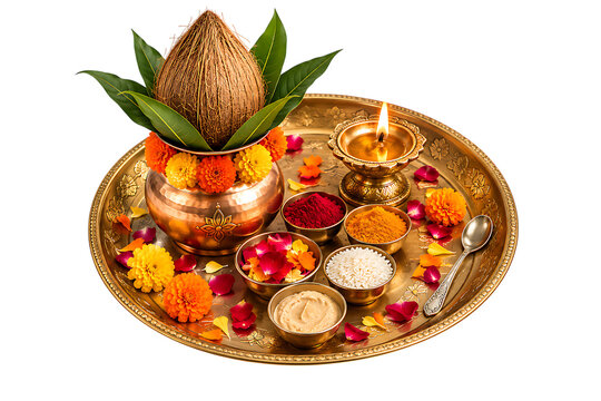 Traditional hindu puja thali with kalash coconut diya flowers and ritual offerings durga puja diwali isolated on a transparent background