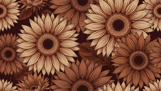 Seamless pattern of stylized sunflowers in shades of sepia and brown