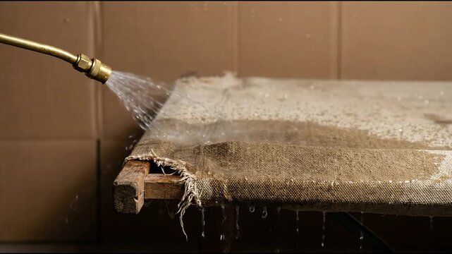 Brass spray wand tip wetting the taut woven cotton canvas edge of a flat folding cot with liquid droplets