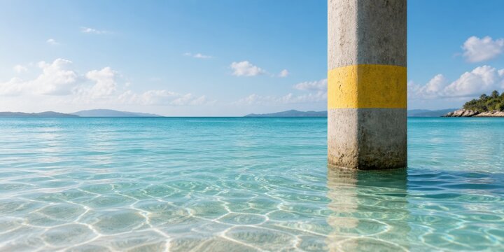Concrete parking garage pillar with a yellow stripe standing in a clear turquoise lagoon, dreamy surreal setting for vacation and travel ads