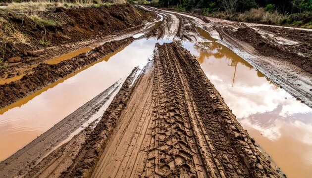 Muddy dirt road with deep tire tracks and puddles.