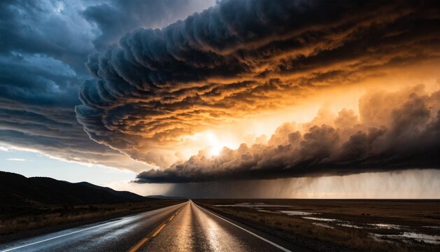 A towering shelf cloud rolling over a deserted highway, apocalyptic weather, high contrast, 8k resolution.  