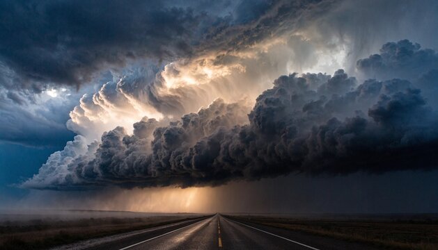 A towering shelf cloud rolling over a deserted highway, apocalyptic weather, high contrast, 8k resolution.  