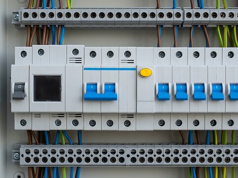 White electrical distribution board with multiple blue circuit breakers, gray switch, yellow button, and connected wires for power control and safety.
