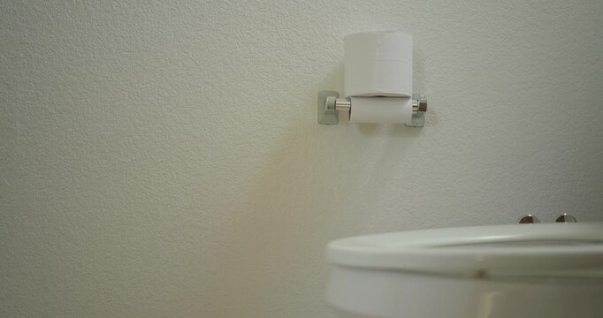 Toilet paper roll resting on a wall holder near a toilet
