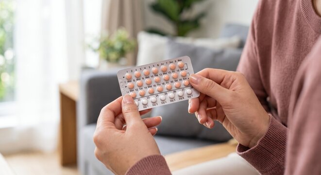 A woman s hands hold a blister pack of orange and white oral contraceptive pills against a domestic backdrop birthcontrol