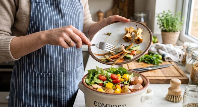 Woman depositing food scraps from a plate into a ceramic compost bin in a bright kitchen setting composting foodwaste foodscraps