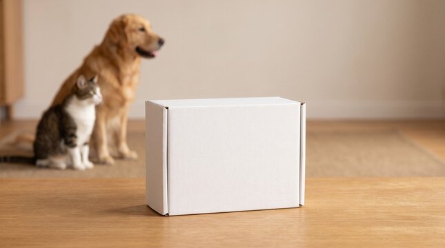 White mailing box for pet delivery on wooden table with blurred golden retriever dog and cat in home living room background for subscription and e-commerce packaging mockup