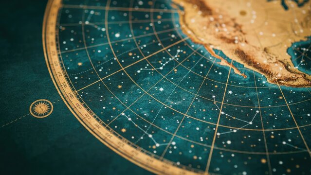 Close-up of a vintage celestial map with north american continent outline