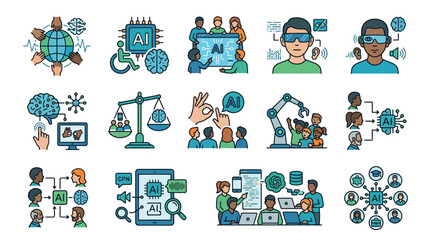 Fototapeta premium Elegant Showcasing Diverse Applications of AI in Modern Society with Vibrant Colors and Dynamic Icons