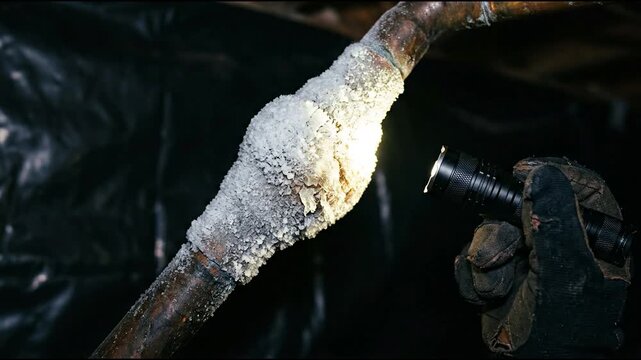 Copper pipe elbow exhibiting thick white frost coating over an expanded circumferential freeze bulge mounted diagonally