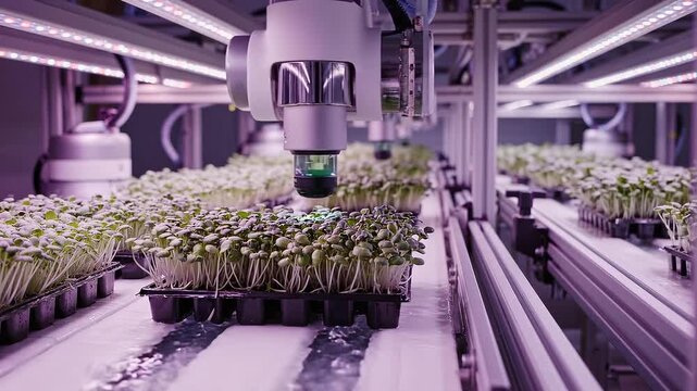 Robot Inspecting Microgreens on Automated Vertical Farm Conveyor