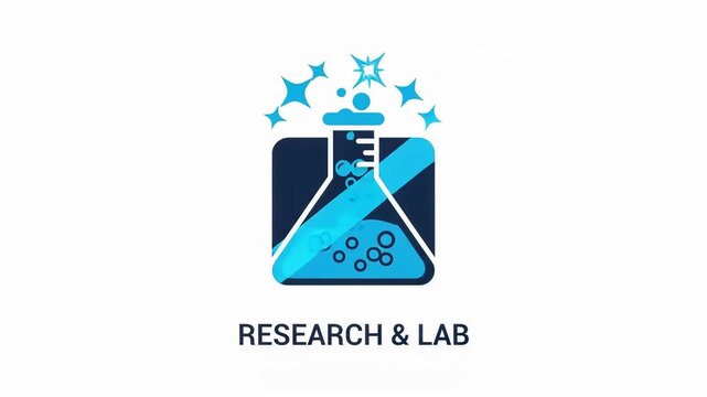 Research and lab logo with a flask and bubbles isolated on white background, 4k animated stock video
