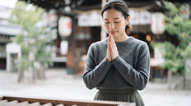 神社やお寺で静かに手を合わせて参拝する日本人女性