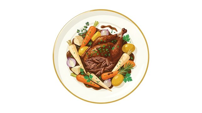 Roast beef with vegetables on a white plate