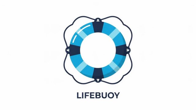 Blue and white lifebuoy icon, a nautical safety equipment for water rescue, flat vector illustration isolated on white background, 4k animated stock video