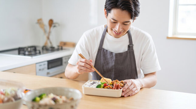 キッチンで笑顔でお弁当を詰めるエプロン姿の男性