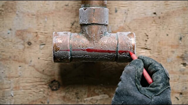 Copper pipe tee fitting displaying dull patina with white frost crystals outlining a frozen branch mounted horizontally