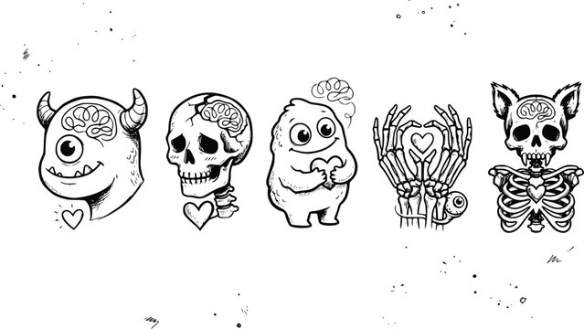 Monsters and skulls vector set featuring hand drawn creatures hearts and skeletons for creative stickers or unique apparel graphic design