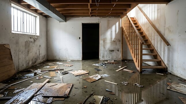Flooded and damaged basement room with debris scattered on the floor and water stains on walls, stairs leading to upper level suggesting aftermath of disaster and need for renovation services.