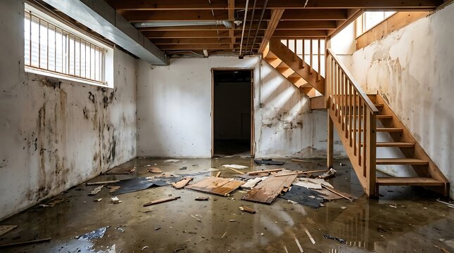 Flooded and damaged basement room with debris scattered on the floor and water stains on walls, stairs leading to upper level suggesting aftermath of disaster and need for renovation services.