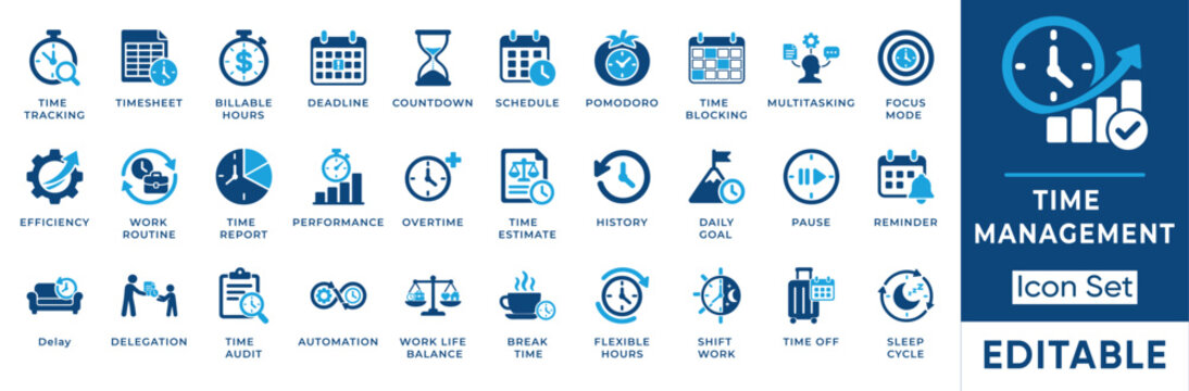 Time management and productivity solid icon set. Includes symbols for Pomodoro, Billable Hours, Timesheet, and Focus Mode. Editable vector icons for freelance and HR software.