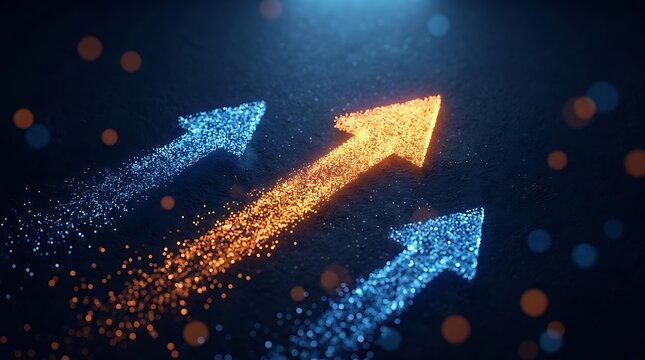 Dynamic glowing arrows composed of blue and orange dust particles heading upwards to demonstrate success and economic rise on black textured background.