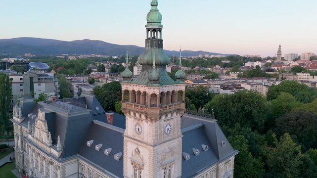 Bielsko-Biala, Poland. Aerial drone view of Bielsko-Biala historic Town Hall