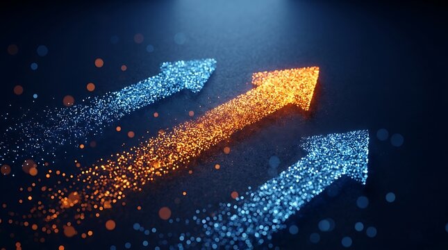 Three bright digital arrows pointing upward on dark textured floor representing economic recovery and forward progression in dynamic corporate environments.