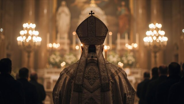 Bishop in mitre and vestments standing at church altar, low angle view