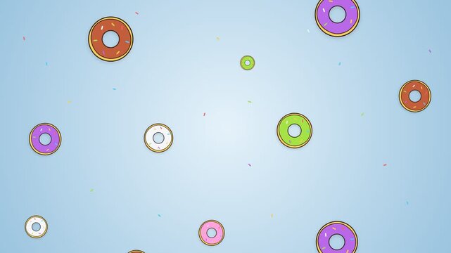 Colorful donuts floating on light blue background
