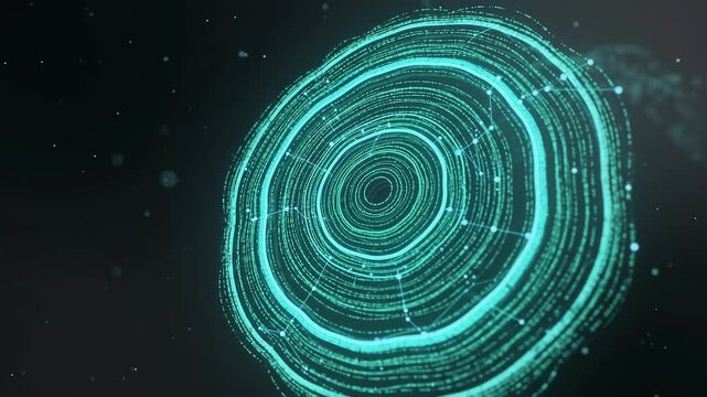Particles Forming Glowing Tree Rings in Futuristic Digital Animation
