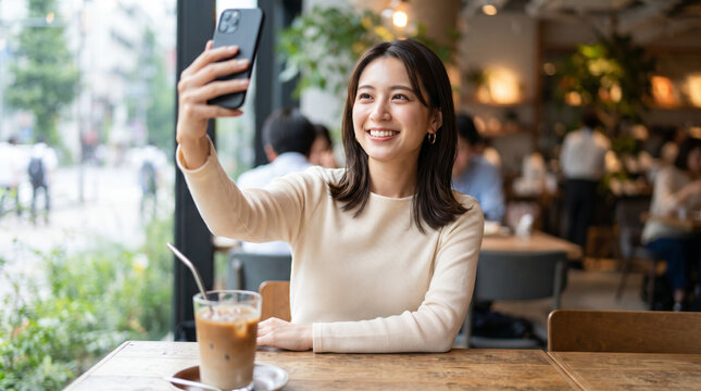 カフェでスマートフォンを使って自撮り撮影をする笑顔の若い女性