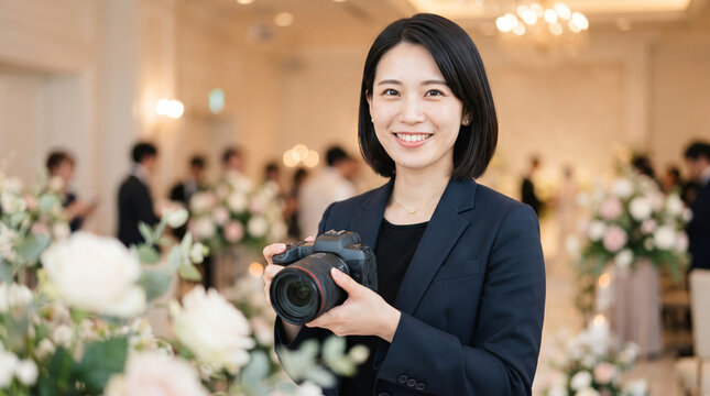 結婚式場で一眼レフカメラを持ち微笑む女性フォトグラファー