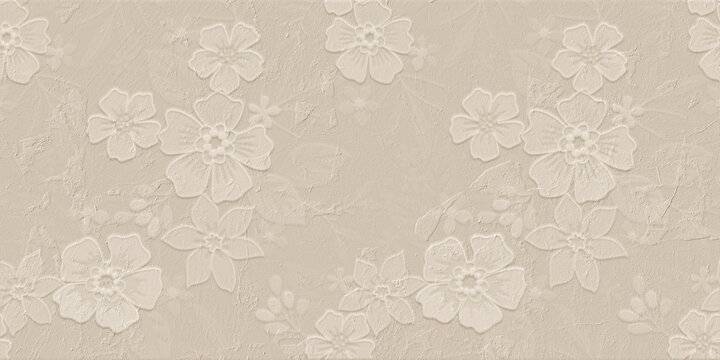 plaster background featuring embossed floral and leaf relief patterns.