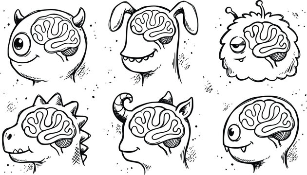 Monster characters collection showing visible brains for mental health awareness educational vector illustration set in hand drawn sketch style