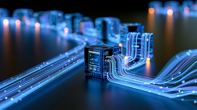 Abstract digital data pipeline flowing from multiple business applications into a central analytics platform, data integration, ETL, data engineering, cloud infrastructure,