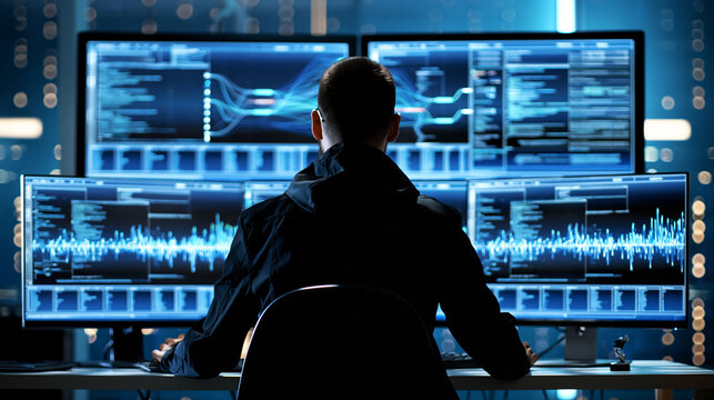 Faceless programmer using multiple screens to monitor software deployment pipelines, automated testing, code repositories, and application performance, DevOps, continuous