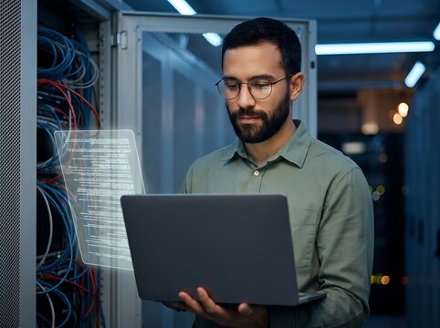 Smart IT administrator in green shirt holding laptop in modern data center examining digital coding data on a transparent virtual holographic panel screen.