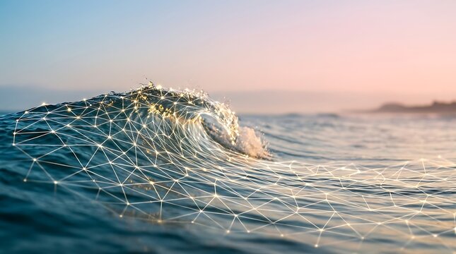 Abstract plexus wave in blue ocean water during golden sunset symbolizing artificial intelligence connection digital transition global science and technology.