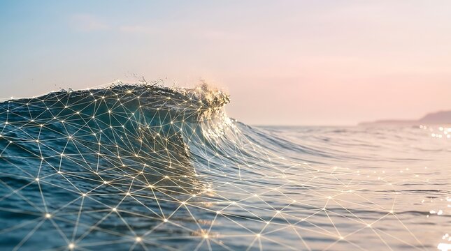 Network connection lines over sea wave at sunset illustrating big data processing information flow digital transformation cloud infrastructure and IoT concepts.