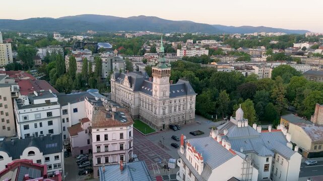 Bielsko-Biala, Poland. Aerial drone view of Bielsko-Biala historic Town Hall