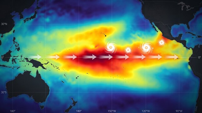 Equatorial Pacific Ocean thermal heat map displaying El Nino sea surface temperature anomalies directional trade winds and hurricane storm icons.  